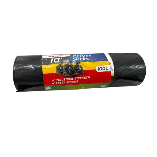 Roll of black refuse sacks with a label on a white background