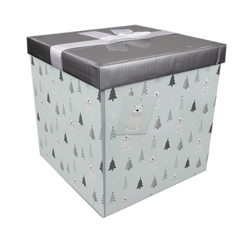 Square Gift Box with Bow & Tag 25cm x 25cm Christmas Gift Bags & Boxes FabFinds Grey  