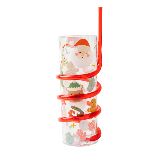 Christmas Drinks Cup with Curly Straw Assorted Colours Drinkware FabFinds Xmas Character