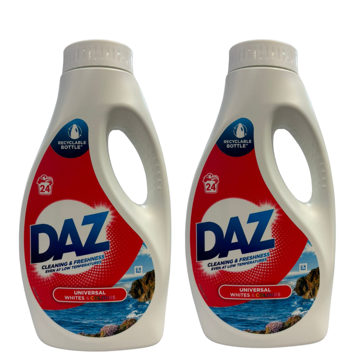 Two bottles of DAZ laundry detergent on a white background
