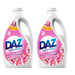 Two bottles of DAZ laundry detergent with pink floral design on a white background