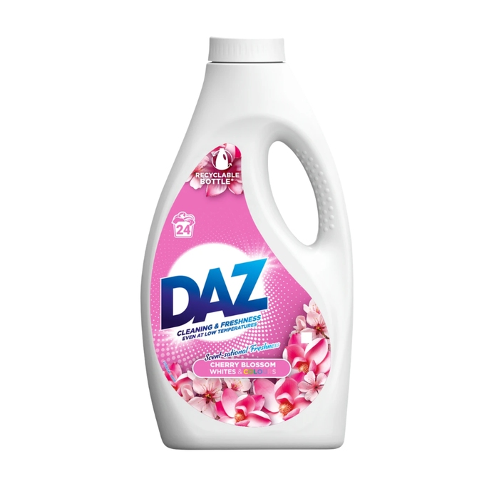 DAZ laundry detergent bottle with cherry blossom design on a white background