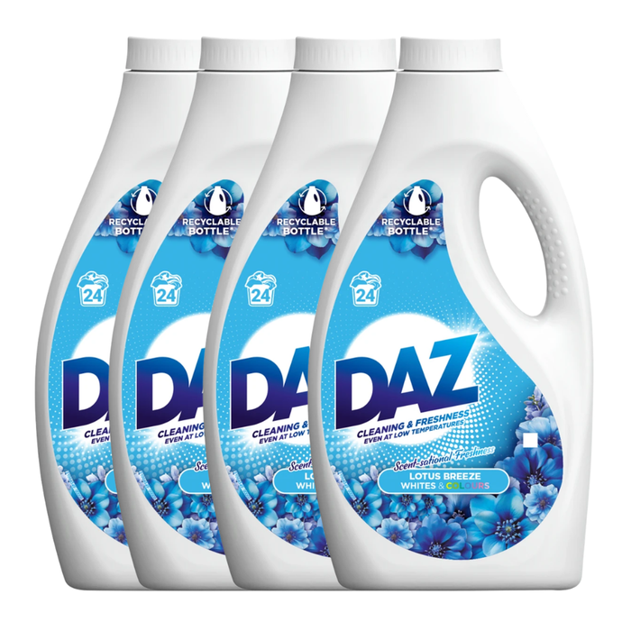 Four bottles of DAZ laundry detergent with blue and white design on a white background