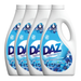 Four bottles of DAZ laundry detergent with blue and white design on a white background