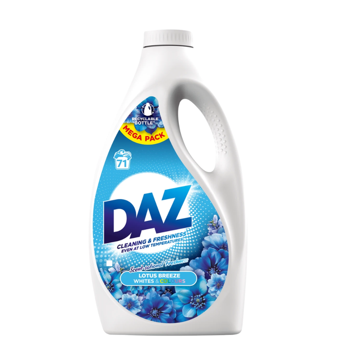 DAZ laundry detergent bottle with blue floral design on a white background