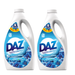 Two bottles of DAZ laundry detergent on a white background