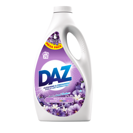 DAZ laundry detergent bottle with purple label and floral design on a white background