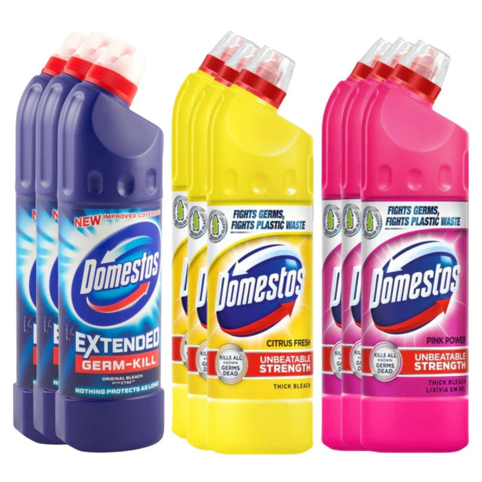 Three bottles of Domestos Extended Germ-Kill disinfectant shown side by side in different variants: Original Black (dark blue), Citrus Fresh (yellow), and Pink Power (bright pink). Each bottle has a red cap and a white, blue, and red label.
