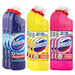 Three bottles of Domestos Extended Germ-Kill disinfectant shown side by side in different variants: Original Black (dark blue), Citrus Fresh (yellow), and Pink Power (bright pink). Each bottle has a red cap and a white, blue, and red label.