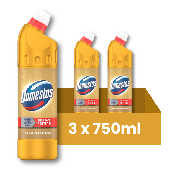 Domestos Original Gold Pack Edition Thick Bleach 750ml Assorted Pack Size Toilet Cleaners Domestos 3 Bottles