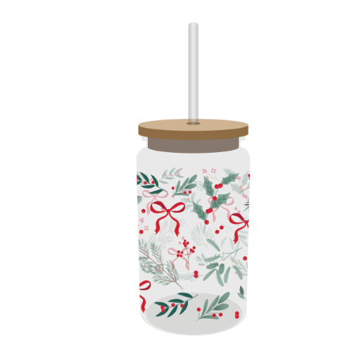 Festive Glass Drinking Cup with Straw 480ml Assorted Designs Christmas Tableware FabFinds Leaves