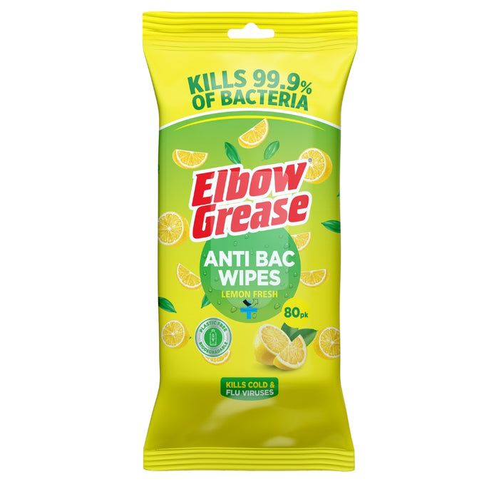 Elbow Grease Anti-Bacterial Biodegradable Surface Wipes Lemon 80pk Assorted Packs Household Wipes Elbow Grease Pack of 1