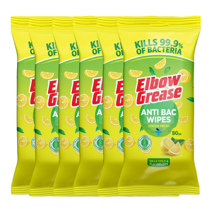 Elbow Grease Anti-Bacterial Biodegradable Surface Wipes Lemon 80pk Assorted Packs Household Wipes Elbow Grease Pack of 6