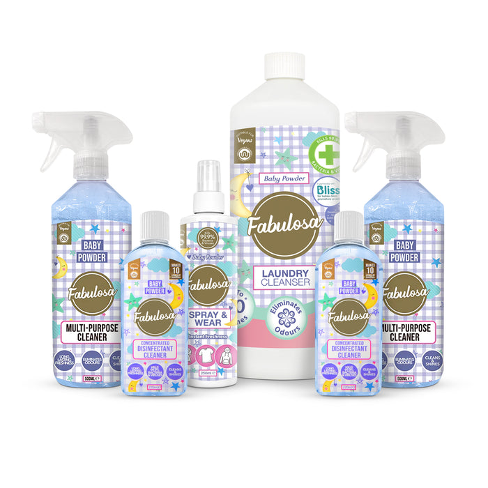 Fabulosa Baby Powder Cleaning Bundle 6 Piece Household Cleaning Multipurpose Laundry Cleanser Spray and Wear Fabulosa Bundles Fabulosa