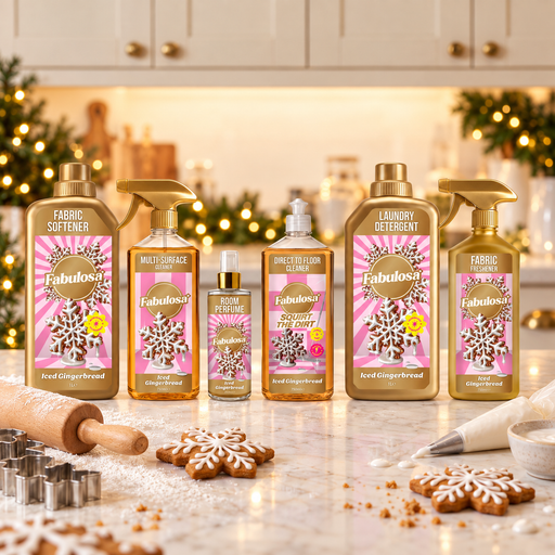 Six Fabuloso holiday scent laundry and fabric care products are lined up on a marble countertop in a warm, decorated kitchen setting. The products include Fabric Softener, Multi-Surface Cleaner, Body Perfume, and two bottles of Laundry Detergent in 'Iced Gingerbread' scents.
