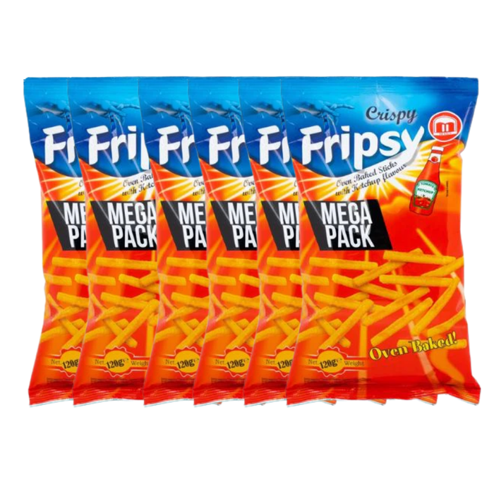 Multiple packages of Fripsey chips with blue and orange design on a white background