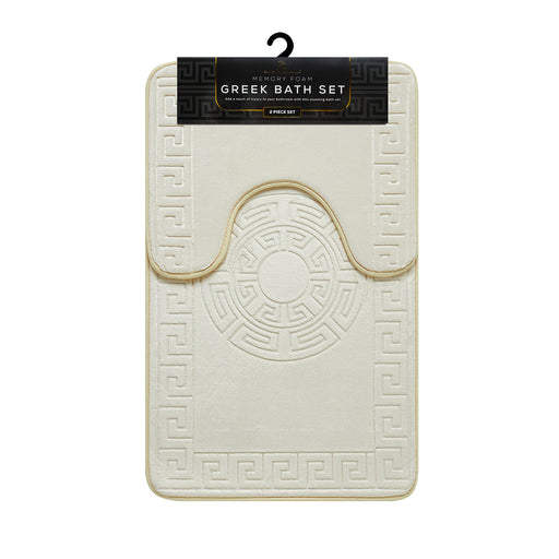 Greek Border Embossed Memory Foam Bath Mat Set Assorted Colours Bathroom Accessories FabFinds Cream