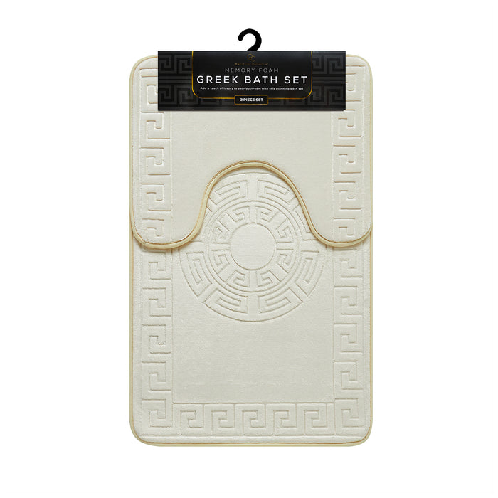 Greek Border Embossed Memory Foam Bath Mat Set Assorted Colours Bathroom Accessories FabFinds Cream
