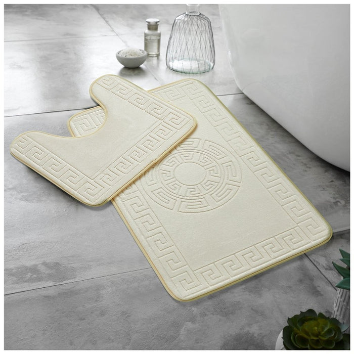 Greek Border Embossed Memory Foam Bath Mat Set Assorted Colours Bathroom Accessories FabFinds