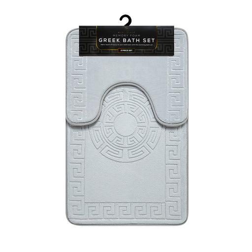 Greek Border Embossed Memory Foam Bath Mat Set Assorted Colours Bathroom Accessories FabFinds Grey