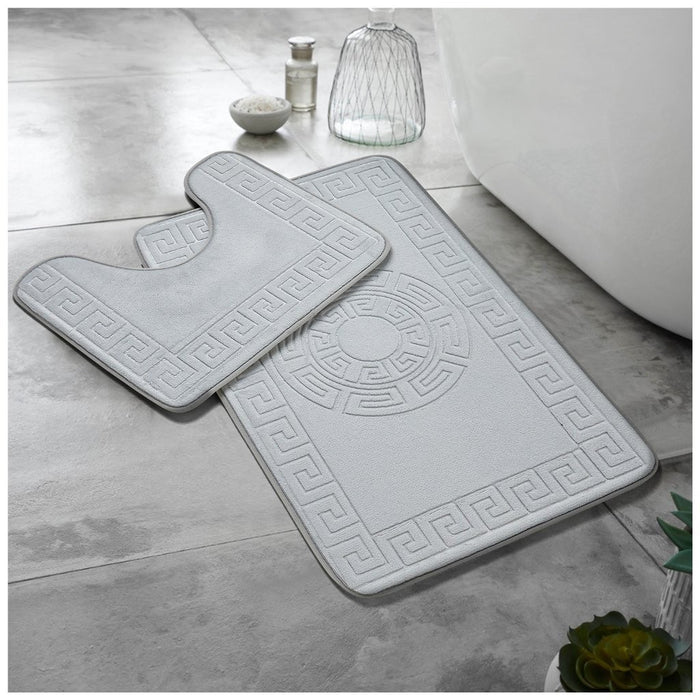 Greek Border Embossed Memory Foam Bath Mat Set Assorted Colours Bathroom Accessories FabFinds