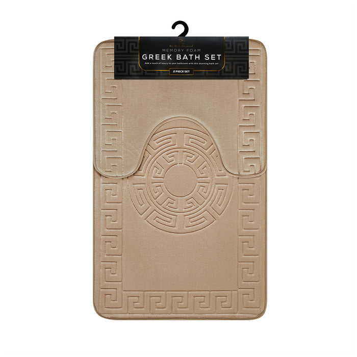 Greek Border Embossed Memory Foam Bath Mat Set Assorted Colours Bathroom Accessories FabFinds Natural