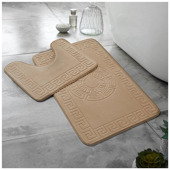 Greek Border Embossed Memory Foam Bath Mat Set Assorted Colours Bathroom Accessories FabFinds