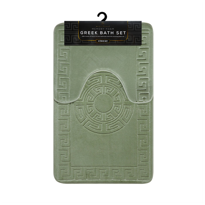 Greek Border Embossed Memory Foam Bath Mat Set Assorted Colours Bathroom Accessories FabFinds Sage Green