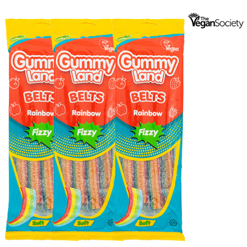 Gummy Land Belts Rainbow Fizzy Vegan 150g Assorted Packs Sweets, Mints & Chewing Gum gummy land Pack of 3