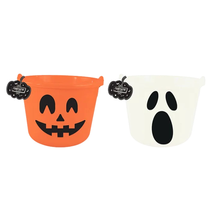 Two plastic Halloween bucket bags on a white background: one orange with a black jack-o'-lantern face and one white with a black ghost face. Each bucket has a small black hanging tag.