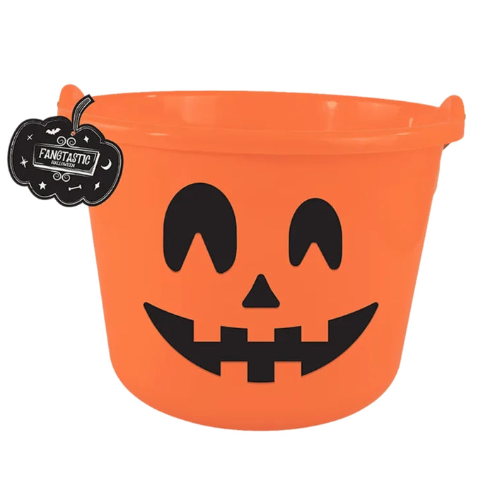 An orange plastic Halloween bucket with a black jack-o'-lantern face and a black hanging tag that reads 'FANETASTIC'.