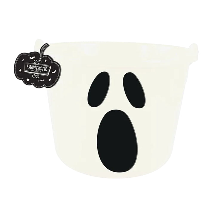 An off-white plastic bucket with a black ghost face design, featuring a black hanging tag that reads 'FANBTASTIC'.