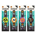 Four Halloween-themed snap band wristlets in retail packaging, each with a different colorful round band design featuring pumpkins, skulls, bats, and one with a 'Halloween' pattern.