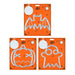 Three Halloween-themed metal cookie cutters in their original orange packaging, featuring bat, pumpkin, and ghost shapes.