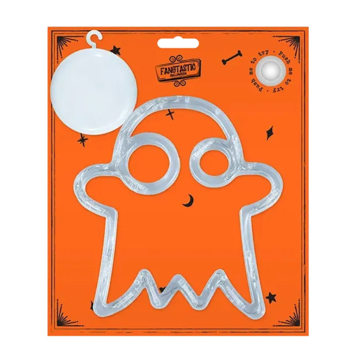 A packaged ghost-shaped plastic ornament or decoration on an orange backing card. The ghost outline is translucent white, and the card includes a white circular hanging piece and Halloween-themed printed graphics.