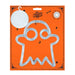 A packaged ghost-shaped plastic ornament or decoration on an orange backing card. The ghost outline is translucent white, and the card includes a white circular hanging piece and Halloween-themed printed graphics.
