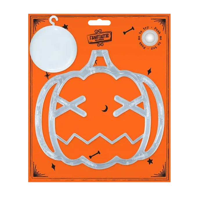A packaged pumpkin-shaped craft stencil or template on an orange backing card. The stencil is clear plastic, and the package includes a white circular hanging tag and printed Halloween-themed graphics.