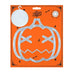 A packaged pumpkin-shaped craft stencil or template on an orange backing card. The stencil is clear plastic, and the package includes a white circular hanging tag and printed Halloween-themed graphics.