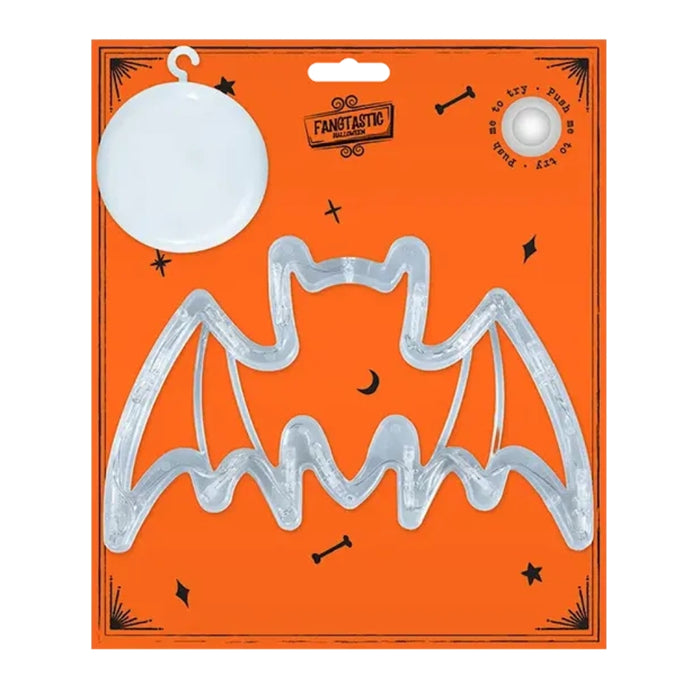 A packaged Halloween decoration set by Fantastic Factory, featuring a clear plastic bat-shaped ornament and a round white hanging tag on an orange backing card with black spooky graphics.