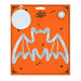 A packaged Halloween decoration set by Fantastic Factory, featuring a clear plastic bat-shaped ornament and a round white hanging tag on an orange backing card with black spooky graphics.