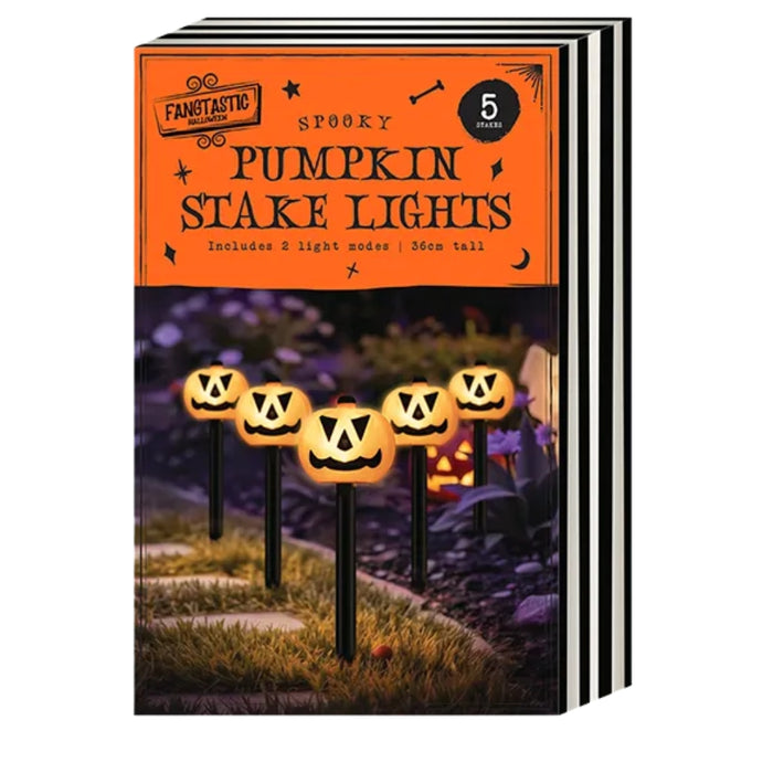 A set of 'Fantastic Fun' Spooky Pumpkin Stake Lights shown in a 5-pack stack. The packaging features an orange top section with black text and a lower illustration of glowing jack-o'-lanterns on stakes in a yard.