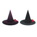 Two black witch hats on a plain white background, one with a purple spiderweb pattern and one with small gold moon and star patterns. Each hat has a small red tag attached near the brim.