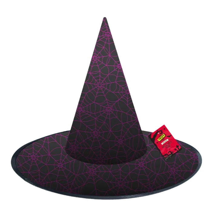 A black witch hat with a purple spiderweb pattern, featuring a small red tag on the side, set against a plain white background.