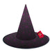 A black witch hat with a purple spiderweb pattern, featuring a small red tag on the side, set against a plain white background.