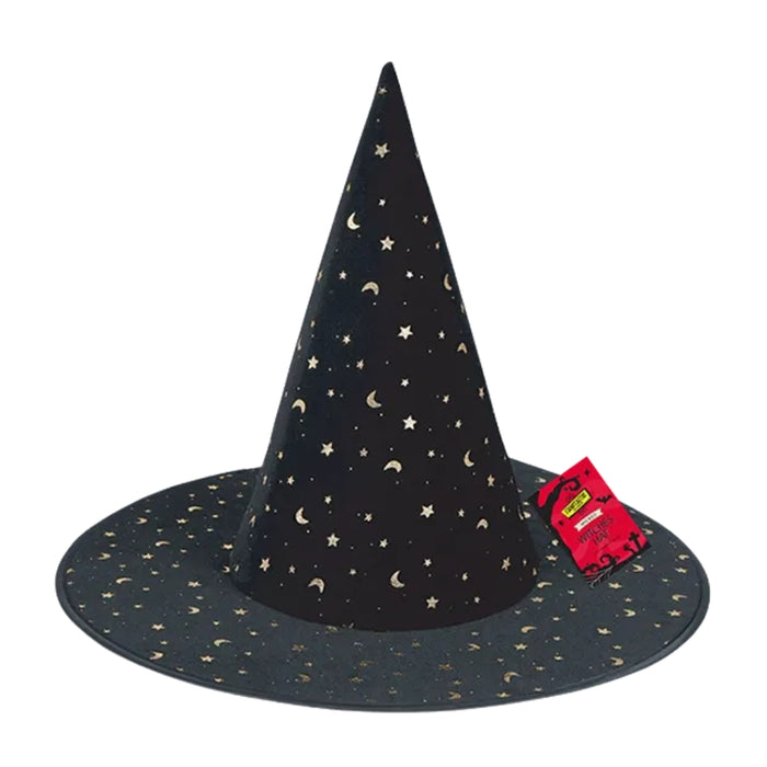 A black witch hat with a gold crescent moon and star pattern, shown on a plain white background with its red retail tag attached.