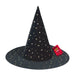 A black witch hat with a gold crescent moon and star pattern, shown on a plain white background with its red retail tag attached.