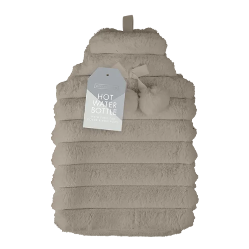 Faux Fur Ribbed Hot Water Bottle with Pom Poms 1.7L Hot Water Bottles FabFinds Beige
