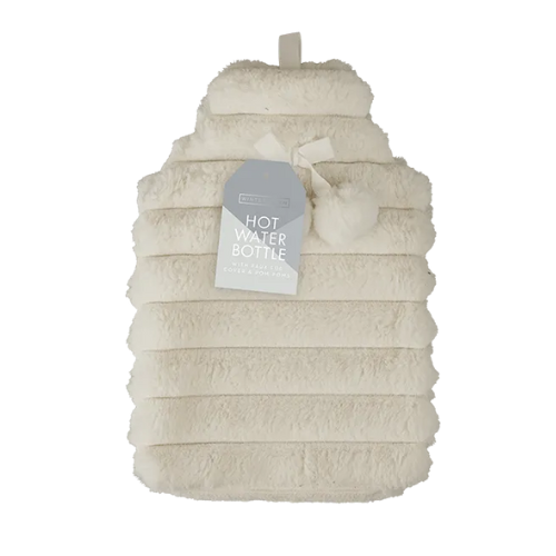 Faux Fur Ribbed Hot Water Bottle with Pom Poms 1.7L Hot Water Bottles FabFinds White