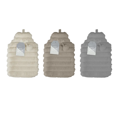 Faux Fur Ribbed Hot Water Bottle with Pom Poms 1.7L Hot Water Bottles FabFinds