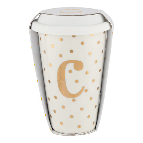 Initial White & Gold Travel Mug C Gold 15cm Mugs Candlelight   